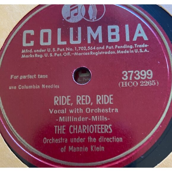 The Charioteers - So Long/Ride, Red, Ride - 37399 Columbia - 78 RPM 10" Shellac - Picture 4 of 5